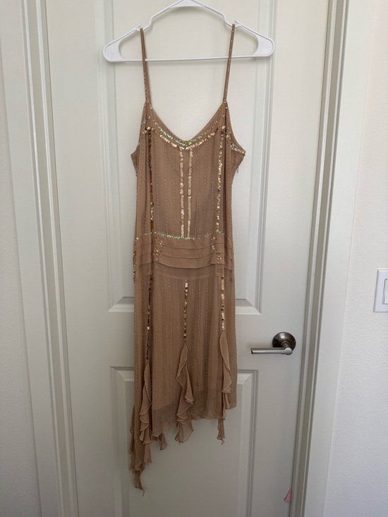bebe Dresses & Skirts - bebe Nude-Beige Sequin Drop Waist Asymmetrical 100% silk Slip Dress